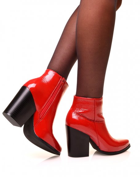 Red patent ankle boots with square heels
