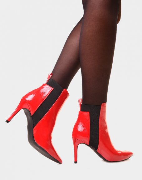 Red patent pointed toe stiletto heel ankle boots
