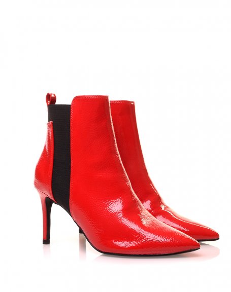 Red patent pointed toe stiletto heel ankle boots