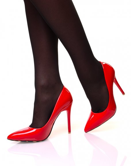 Red patent pumps with a stiletto heel