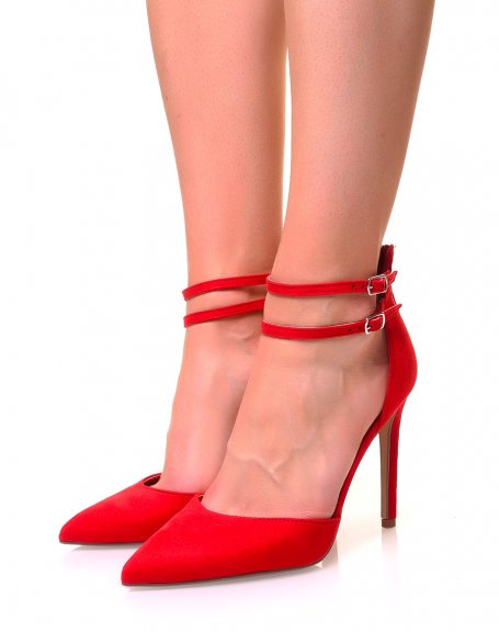 Red pumps with pointed toe double straps and stiletto heels