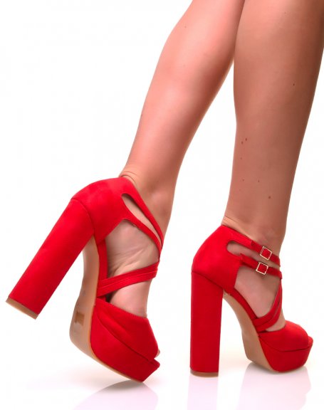Red sandals with square heels and multiple straps