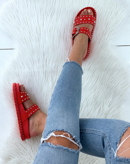 Red studded sandals with buckle