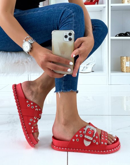 Red studded sandals with silver clasp