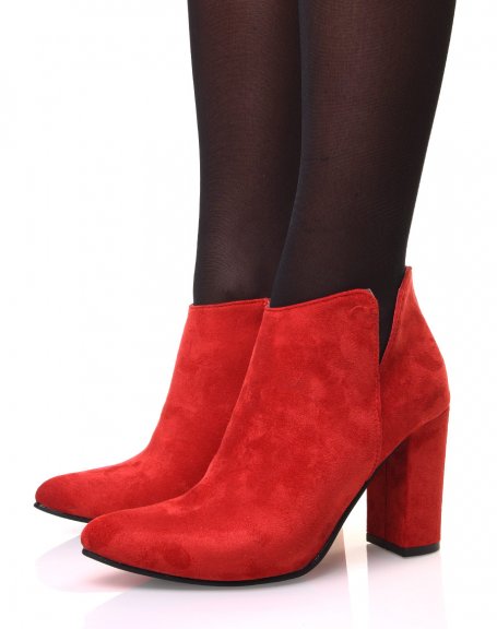 Red suedette ankle boots with heel