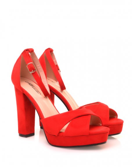 Red suedette block heel platform sandals