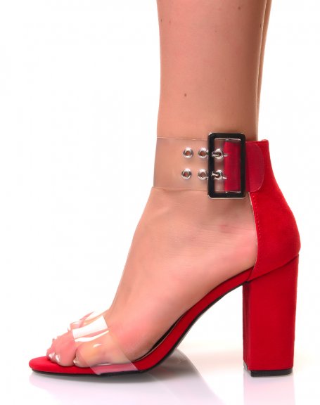 Red suedette block heel sandals with transparent straps
