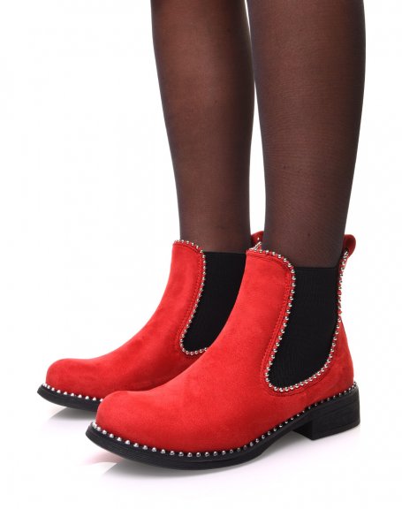 Red suedette chelsea boots with pearl details