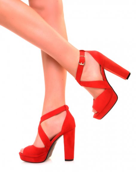 Red Suedette Chunky Platform Heel Sandals