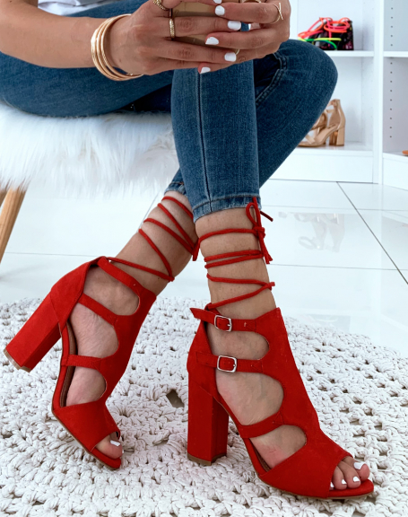 Red suedette heeled sandals