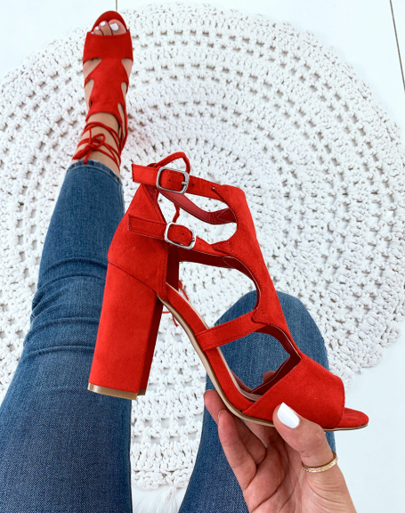 Red suedette heeled sandals