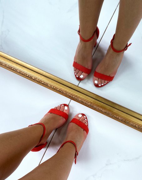 Red suedette heeled sandals with thin strap