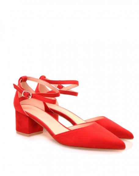 Red suedette low heel pumps