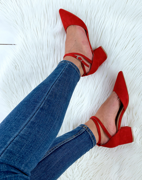 Red suedette low heel pumps