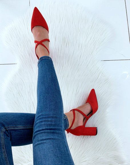 Red suedette pumps with crisscross straps