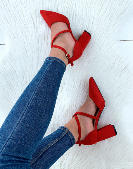 Red suedette pumps with crisscross straps
