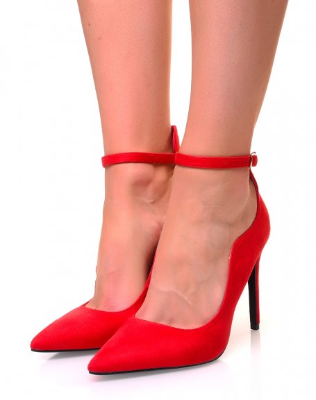 Red suedette pumps with pointed toes and thin straps