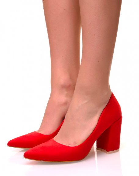 Red suedette pumps with square heels