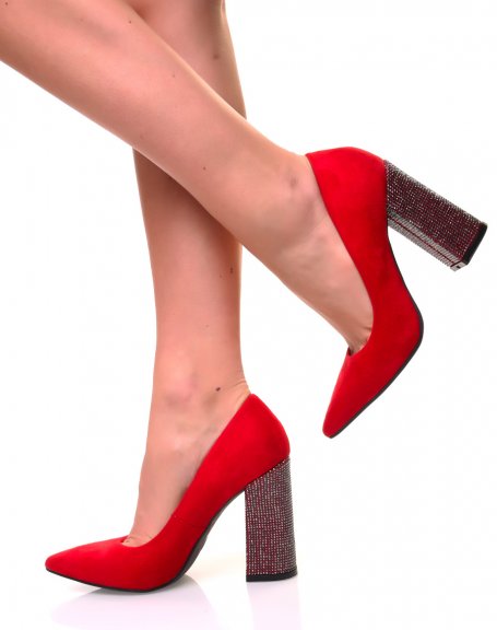 Red suedette pumps with square rhinestone heels