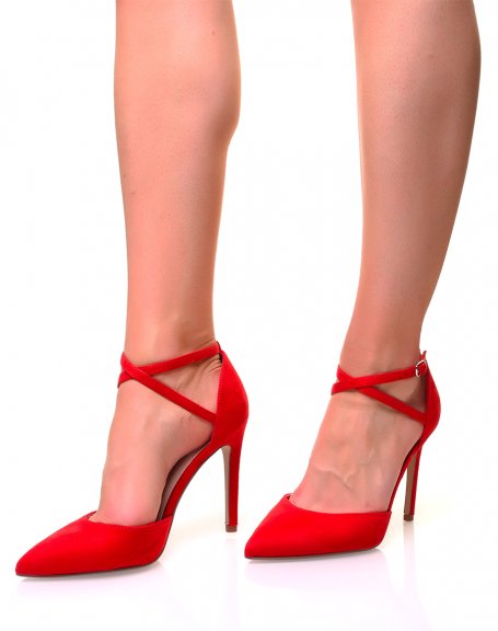 Red suedette pumps with stiletto heels and crossed straps