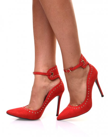 Red suedette pumps with strap and studded details