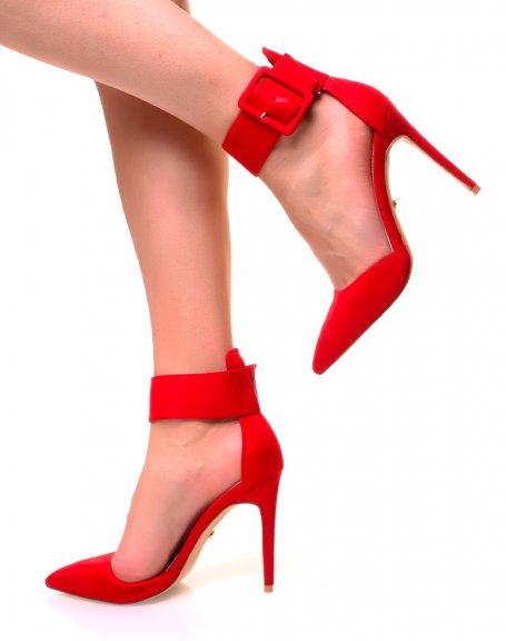 Red suedette pumps with wide straps and pointed toes