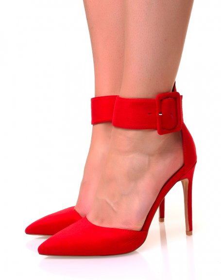 Red suedette pumps with wide straps and pointed toes