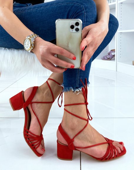 Red suedette sandals with low heel and long straps