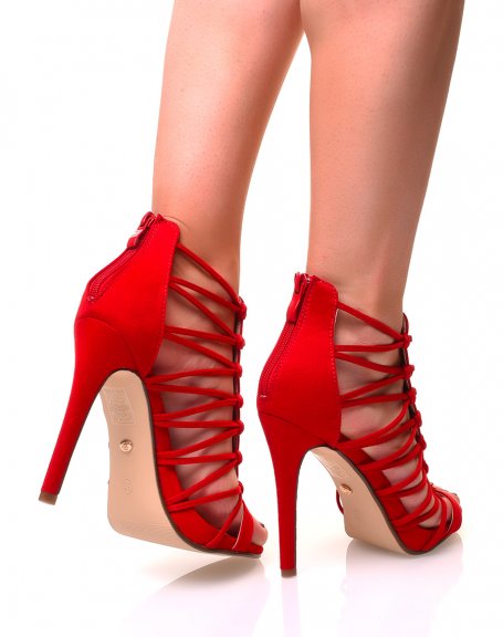Red suedette sandals with multiple straps