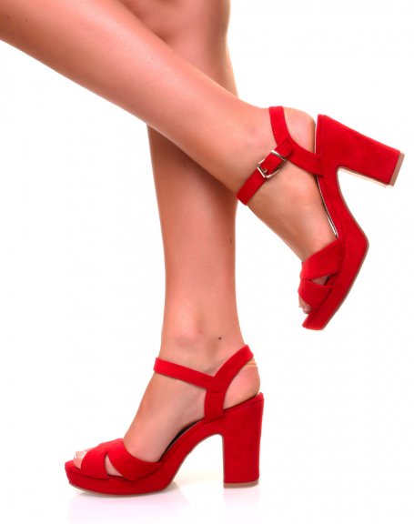 Red suedette sandals with small square heels