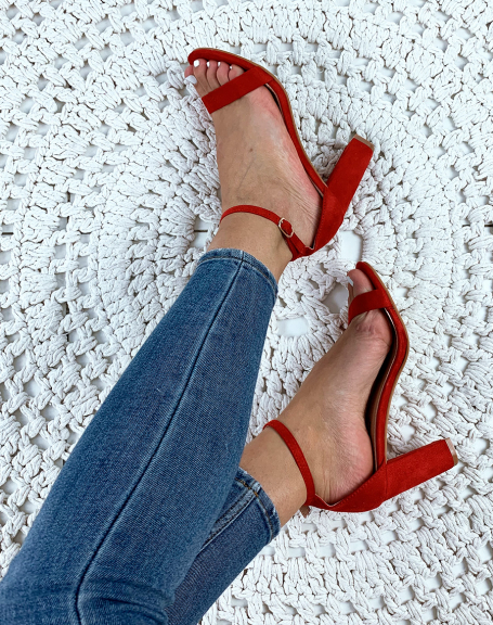 Red suedette sandals with square heels