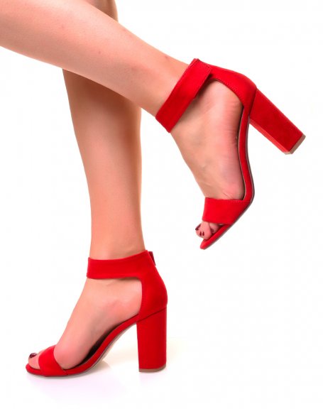 Red suedette sandals with square heels and velcro straps