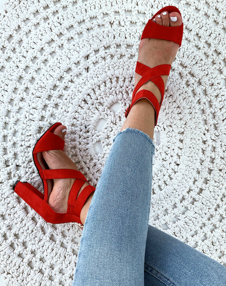 Red suedette square heel sandals