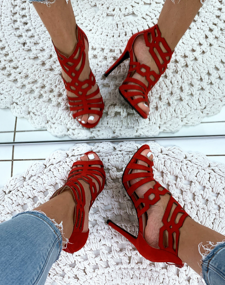 Red suedette stiletto heel sandals