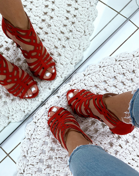 Red suedette stiletto heel sandals