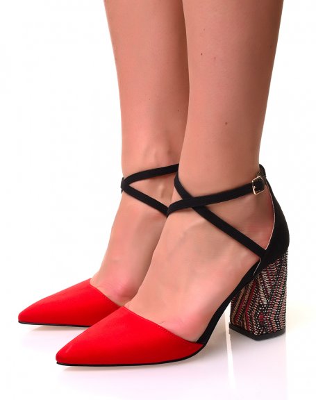 Red suedette woven block-heel pumps