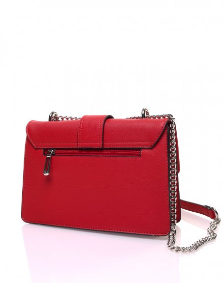 Red textured handbag with double flaps and silver buckle