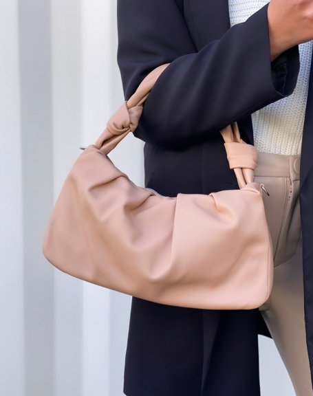 Rolled strap beige satchel handbag