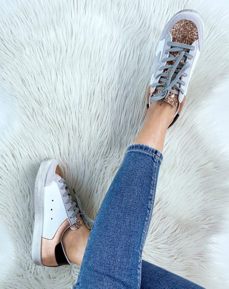 Rose gold and white sneakers with glitter details