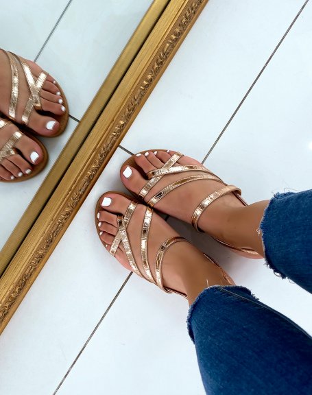 Rose gold croc-effect slippers with multiple crisscrossing straps
