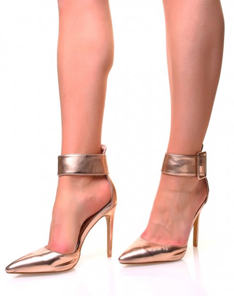 Rose gold metallic effect pumps with wide straps