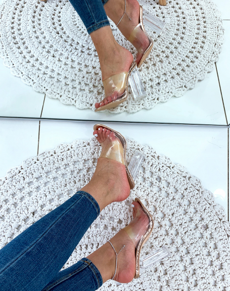 Rose gold mules with crocodile effect with heels and large transparent straps
