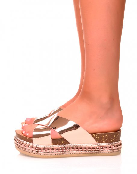 Rose gold mules with double varnished straps