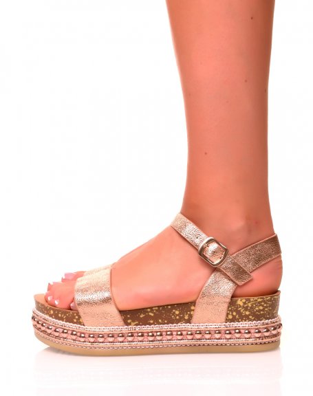 Rose gold patent grained sandals with platforms and studs
