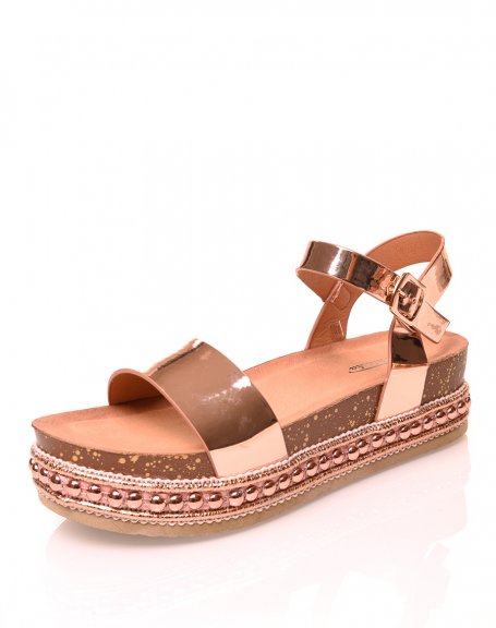 Rose gold patent strap sandals and studded platforms