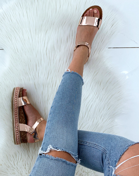 Rose gold patent strap sandals and studded platforms