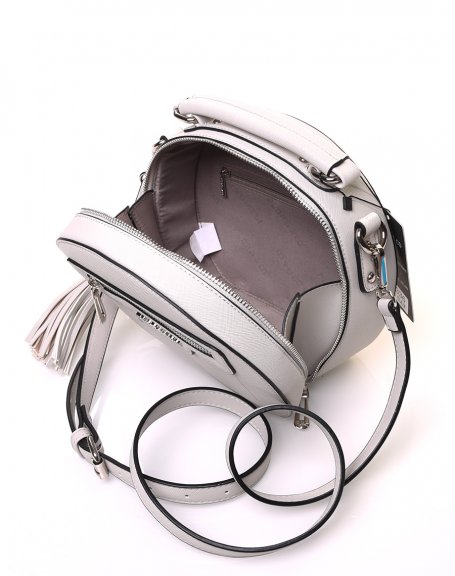 Round rigid shoulder bag, light gray briefcase type
