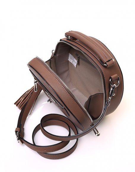 Round rigid shoulder bag, taupe briefcase type