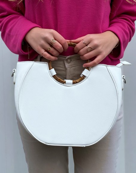 Round white handbag with bamboo handle