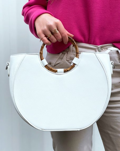 Round white handbag with bamboo handle